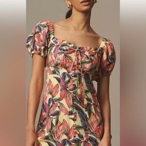 NWT FARM Rio x  Anthropology Sweetheart Linen Floral Puff-Sleeve Midi Dress
